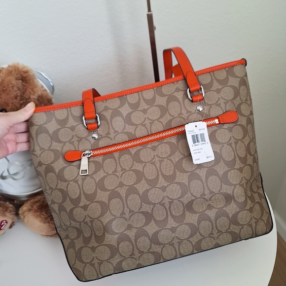 NWT Coach Signature Zip Top Tote F34603 Khaki Orange - Picture 4 of 8